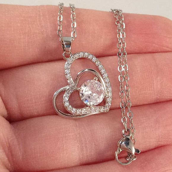 Silver Diamond Zircon Romantic Layer Heart Pendant Chain Necklace 2.04ctw - Picture 1 of 5